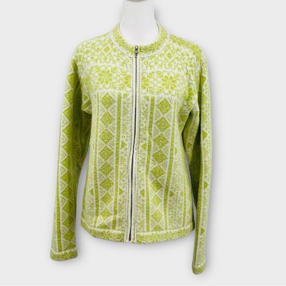 Planet Earth Full Zip Wool Fair Isle Cardigan Sweater In Green/White Size M - Picture 1 of 6